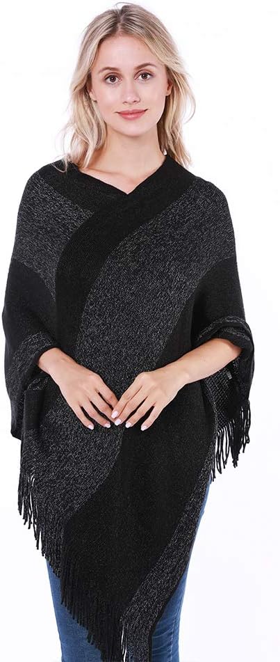 Women's Elegant Knitted Shawl Poncho with Fringed V-Neck Striped Sweater Pullover Cape Gifts for Women Mom - Image 2
