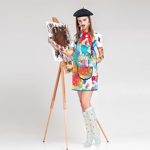 Miniatura 6 de Kyson Disfraz de artista para adultos, 8 piezas, pintor, Halloween, vestido con boina, delantal, paleta, pinceles, aretes, bandana y barba
