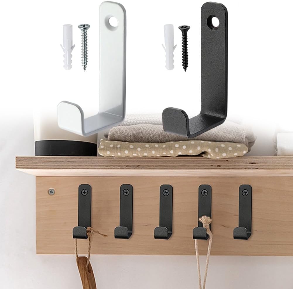 L Shaped Coat Hooks 4 Pack, Heavy Duty Cold Rolled Steel Wall Mount Hangers with Screws for Garage Shed Workshop Storage, Black and White Utility Ladder Hooks