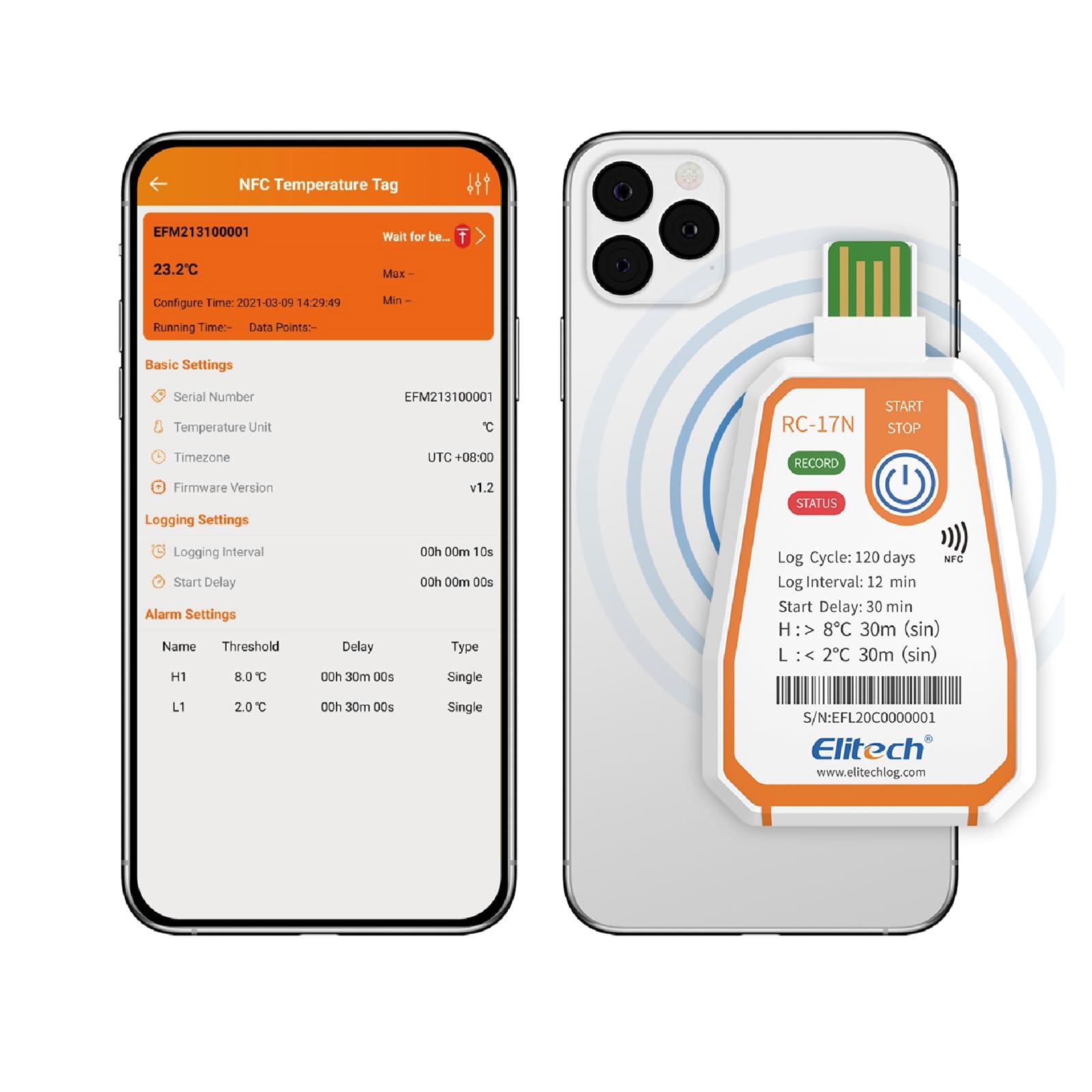Elitech RC-17N NFC Disposable USB Temperature Data Logger PDF Report Light Indicator