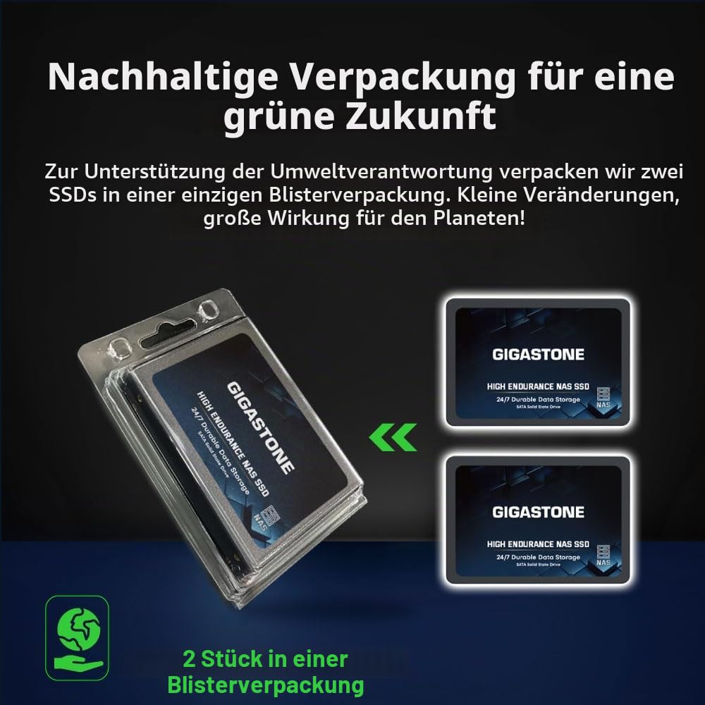 Gigastone NAS Zertifiziert 512GB SSD Festplatte (2er-Pack) TLC Hohe Dauerhaltbarkeit SSD für 24/7 Dauerbetrieb NAS-Systeme RAID 2,5 Zoll SATA III Internes Festkörper-Laufwerk SSD Caching