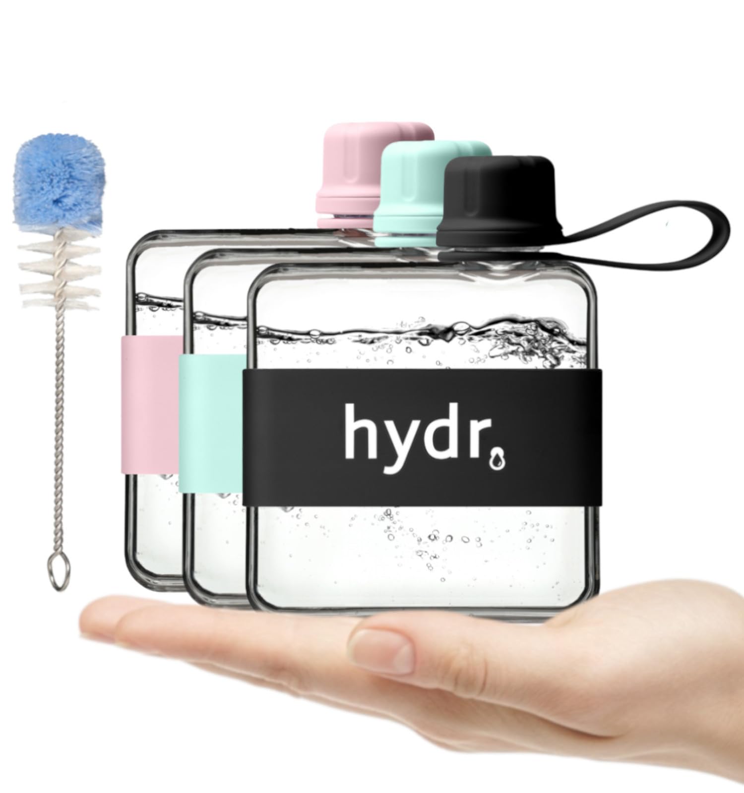 hydrโข v2 Flat Water Bottle For Handbag & Flexible Cleaning Brush | 320ml Tritan BPA Free Slim Travel Water Bottle, small water bottle for handbag (Nero Black)