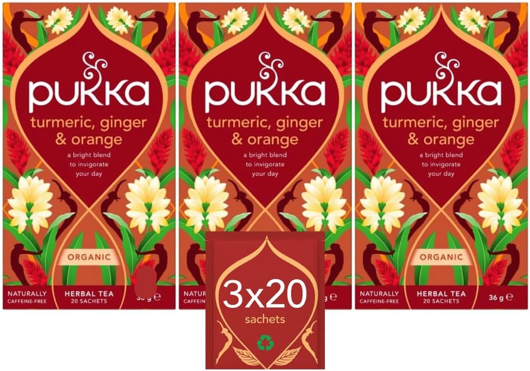 Pukka Herbs | Turmeric, Ginger & Orange Organic Box |Tea With Ginger, Turmeric, Nettle & Orange | Ideal For Boosting Energy | 3 Packs | 60 Plant Based Biodegradable Tea Bags