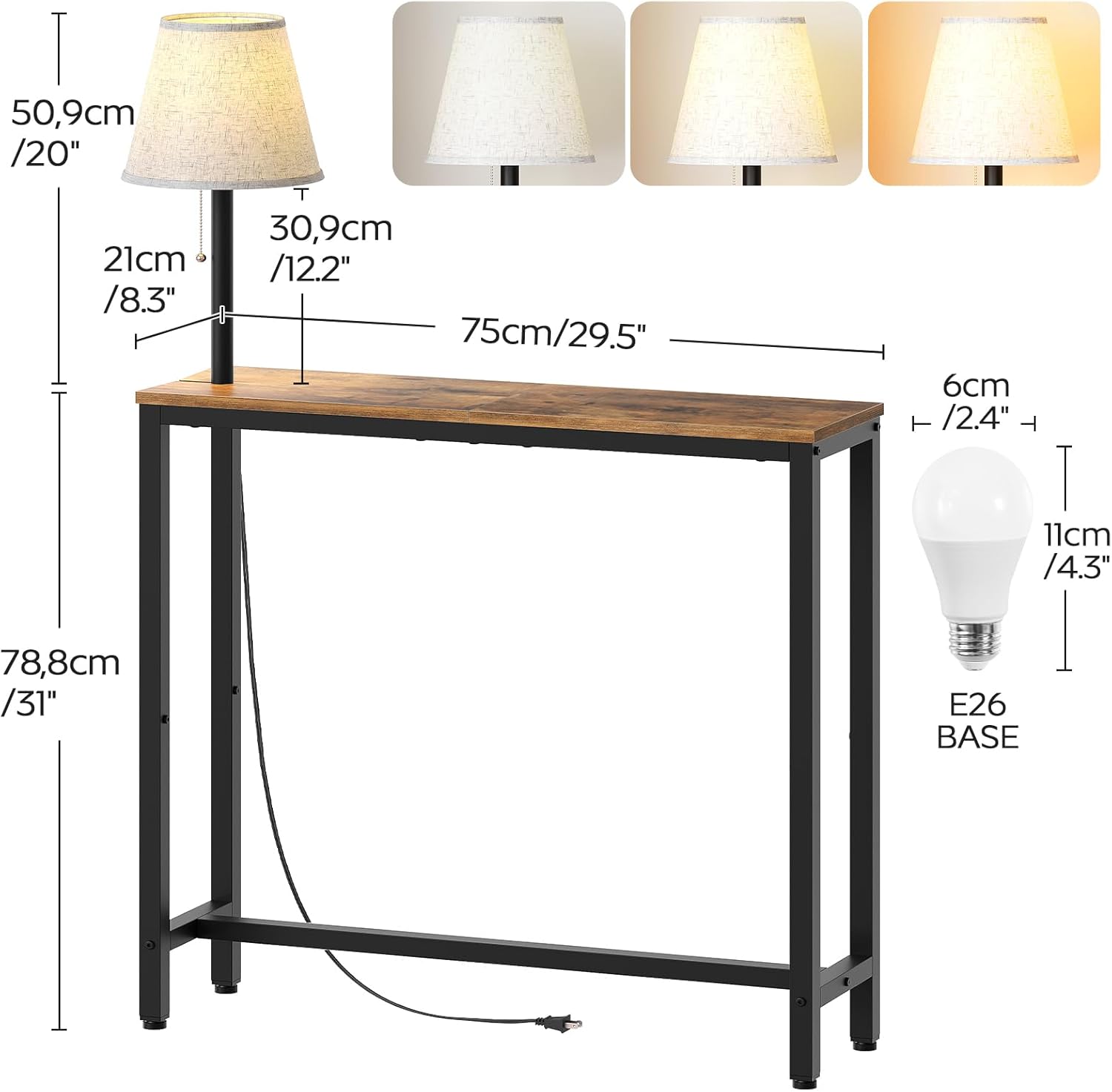 Narrow Console Table, 29.5" Behind Couch Table, Small Entryway Table with Light, Thin Sofa Table for Entrance, Hallway, Foyer, Living Room, Rustic Brown and Black CT75DBR