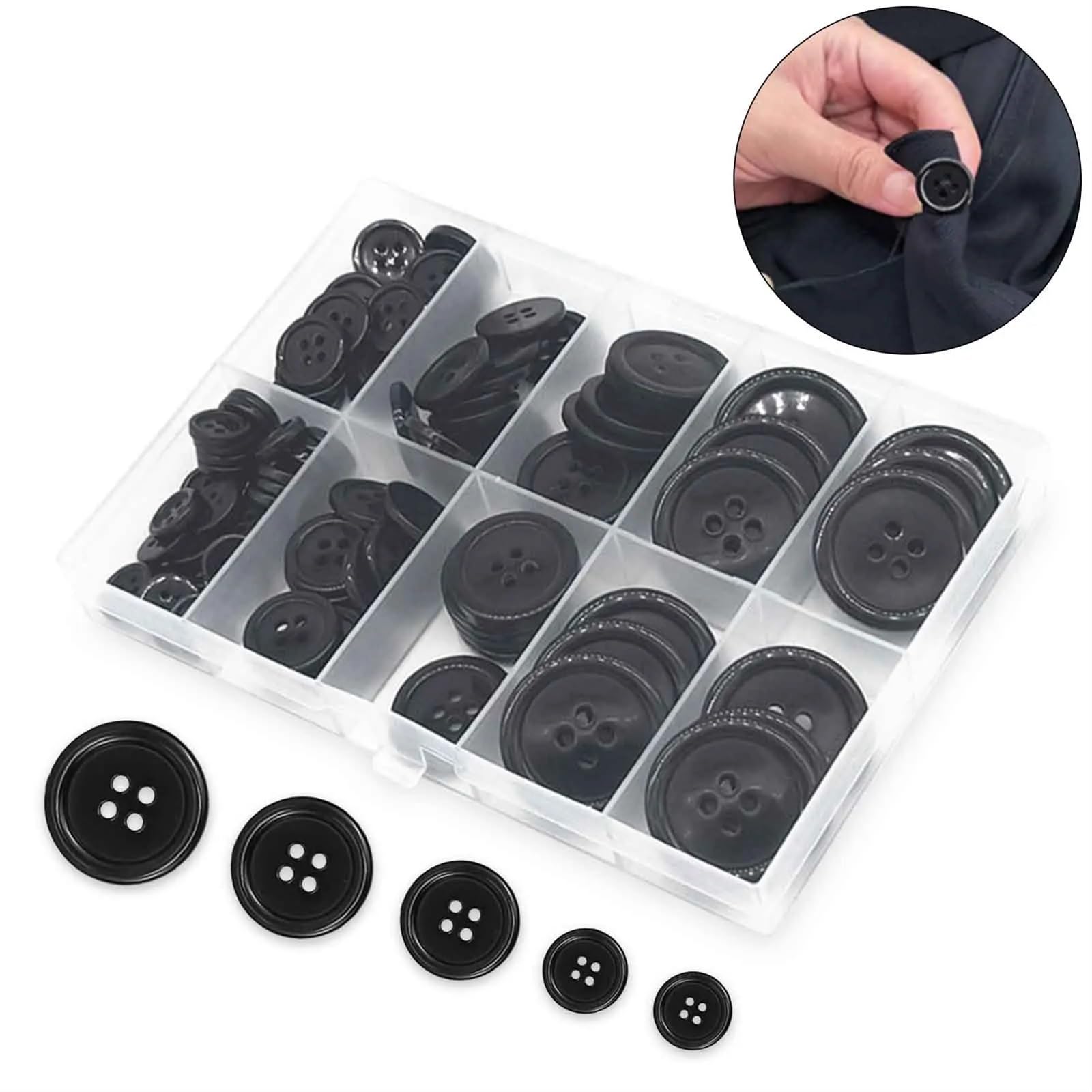 Knöpfe, 100 Kunstharz-Nähknöpfe, mehrfarbig, mehrere Größen, 4 Löcher, rund, for Kleidungsstücke, DIY-Handwerk(Black)