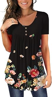 BeadChica Women's Tunic Tops For Leggings Short Sleeve Shirts Botton Up Casual Ruched Blouses Clothing