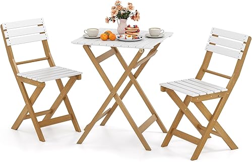 Miniatura 10 de Tangkula Juego de 3 piezas plegables para patio, mesa y sillas de madera de acacia maciza con mesa de tablas, respaldo y asiento, juego de muebles