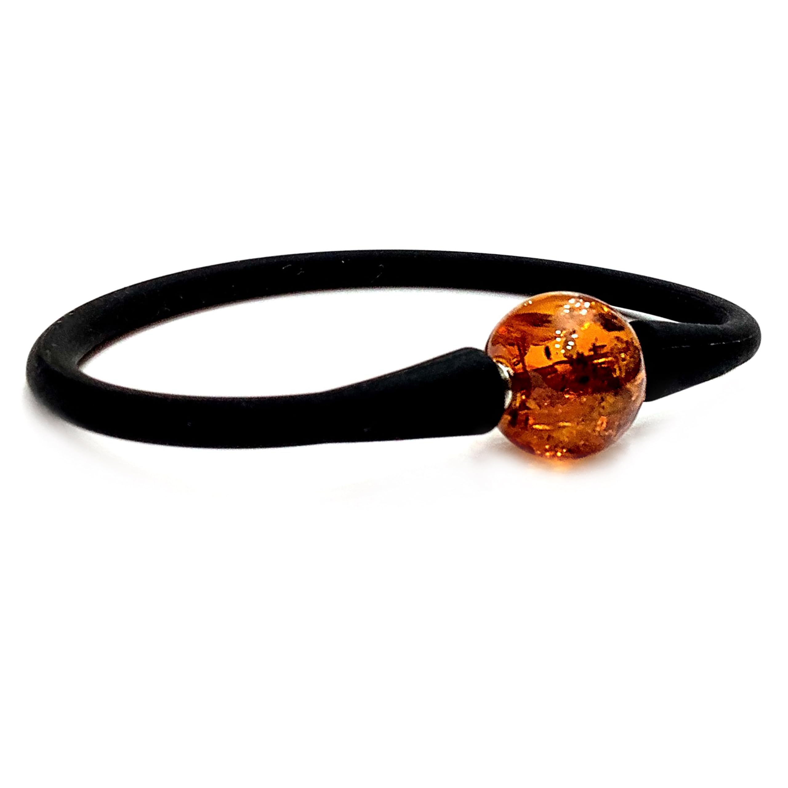 Armband Kautschuk/Silikon mit Bernstein Kugel D-14mm, Gr. 18-20, Silikonarmband Damen und Herren, echter baltischer Bernstein in Farbe Cognac; nicht hitzgepresst, nicht synthetisiert