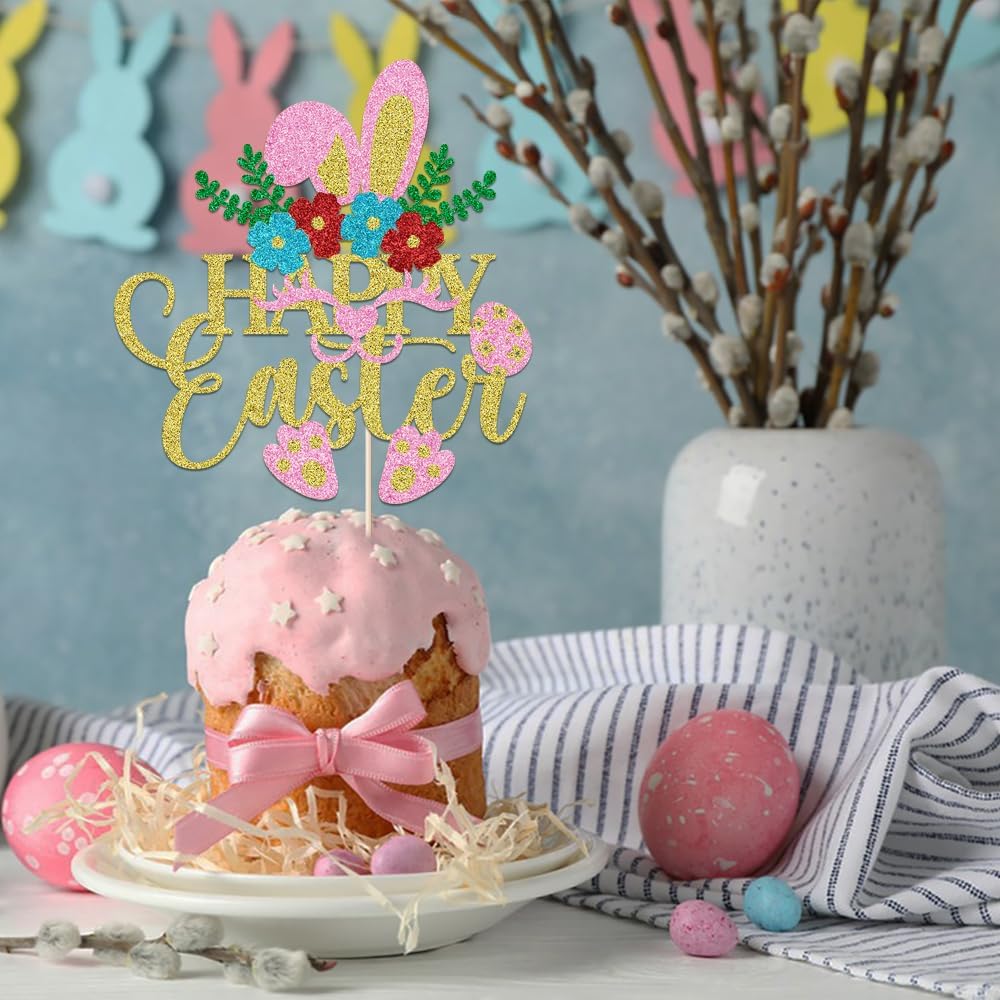 Happy Easter Cake Topper,Bunny ears/carrot cake decoration,Good for Happy Easter Spring Themed Dessert Party Supplies