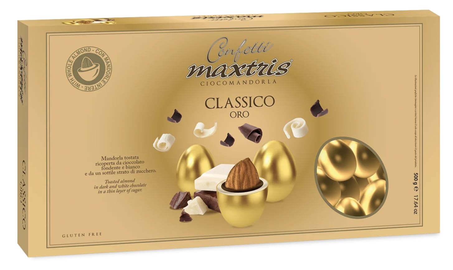 Confetti Maxtris Ciocomandorla Classico Oro, Cioccolato Bianco e Fondente con Mandorle Tostate, Gluten Free, Forma Ovale, Rivestimento Lucido Oro, 500 g