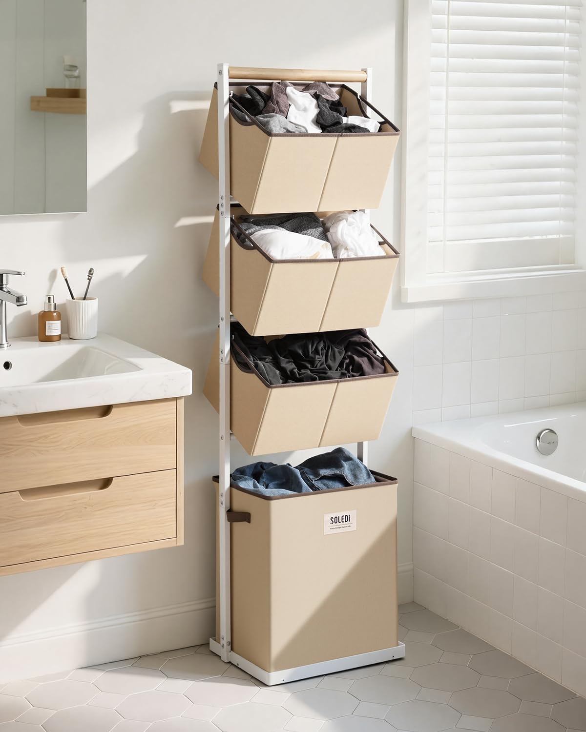 SOLEDI 4 Section Laundry Hamper Sorter, Stackable Laundry Basket Organizer with Removable Basket, 125L 4-Tier Vertical Laundry Sorter for Small Space, Laundry Room, Dorm, Bathroom, Wardrobe Beige