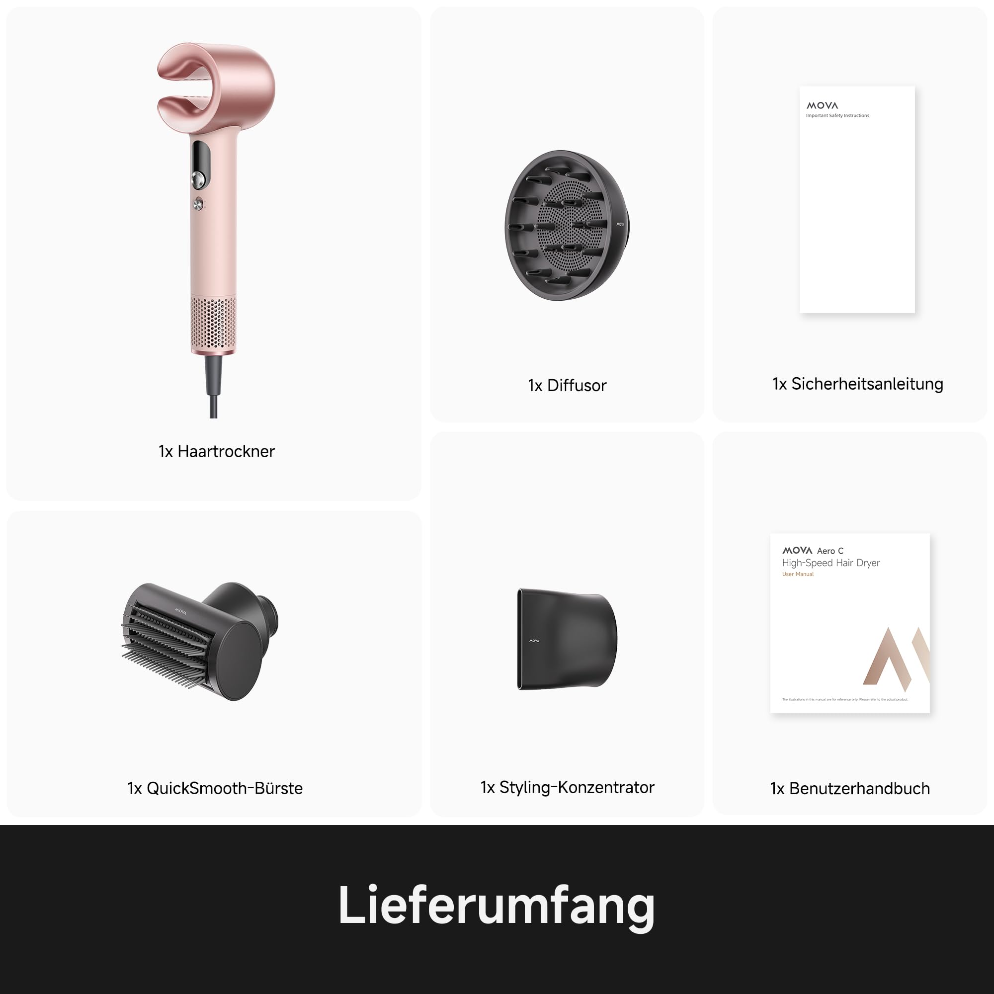 MOVA Aero C Hochgeschwindigkeits-Haartrockner | C-förmigem DualForce-Zyklon,GlossFlow C-Kammer, sanftem Wide-Flow-Trocknen, Dual-NTC, 360°-Plasmatechnologie,3-Düsen-Styling