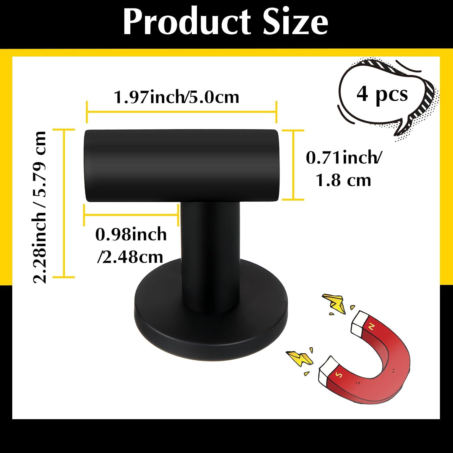 Therwen Black Magnetic Hooks Heavy Duty Coat Hooks Magnetic Hanger for Refrigerator, Metal Door, Locker for Hanging Towel, Coat, Bag, Umbrella(4 Pcs)