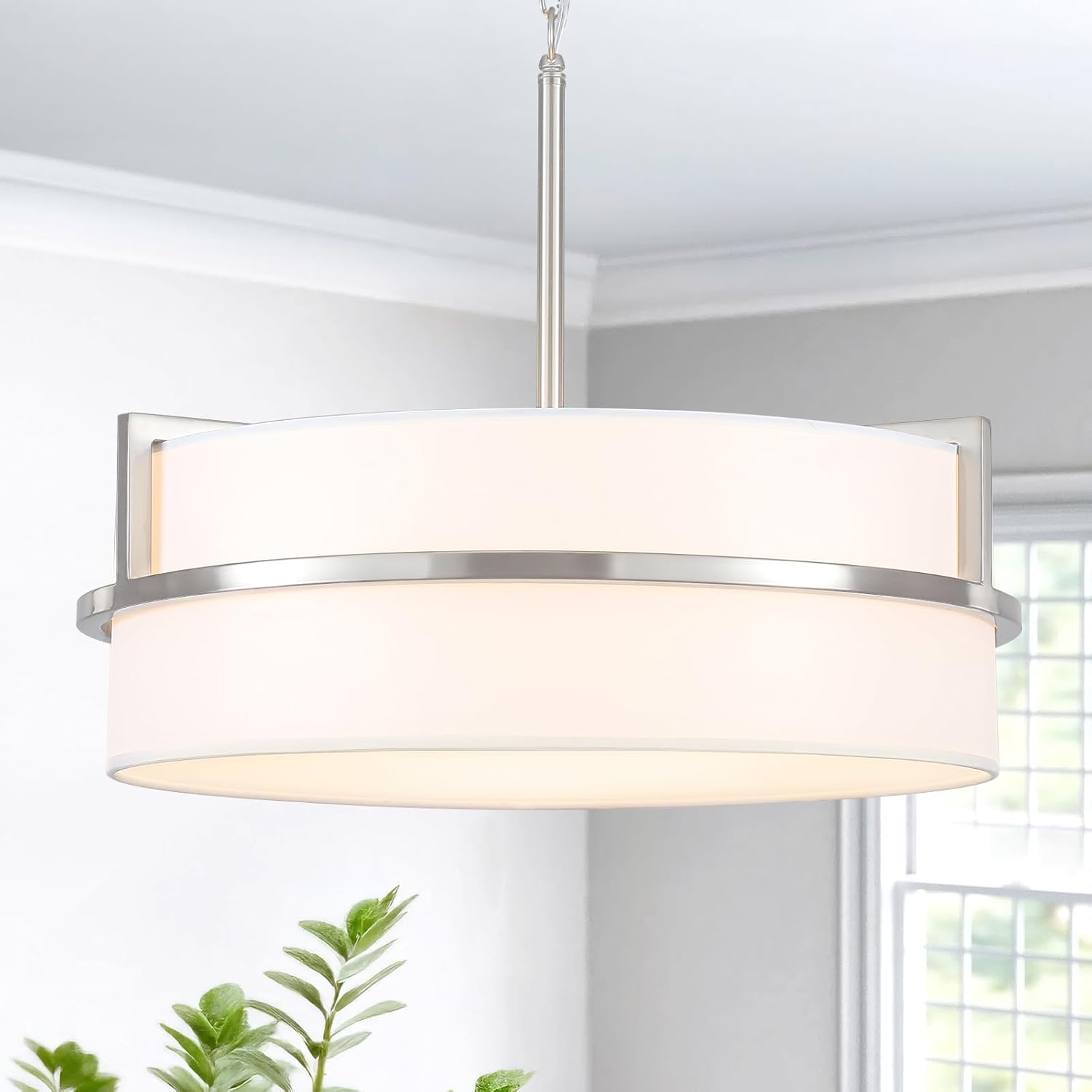 19.7" Modern Drum Chandeliers for Dining Room, 5-Light Brushed Nickel Chandelier with Round Linen Shades Hanging Large Drum Pendant Light Fixtures for Bedroom Living Room Entryway Foyer Kitchen Brushed Nickel-5 Light 19.7"