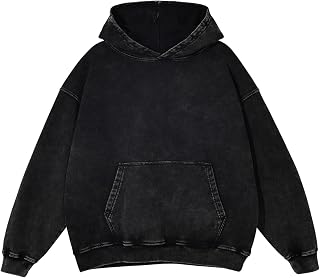 KEEPSHOWING Mens Oversized Vintage Acid Wash Hoodie - Soft Cotton Blend Streetwear Pullover