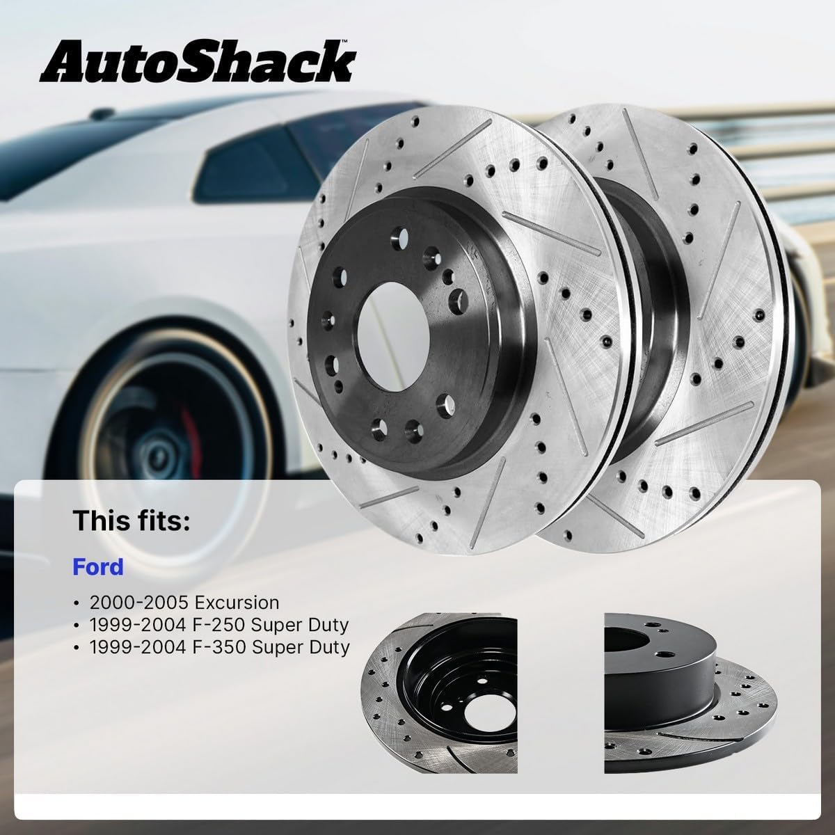 AutoShack Front Vented & Rear Vented Drilled & Slotted E-Coated Brake Rotors 4-PC Set Replacement for 2000-2005 Ford Excursion 1999-2004 Ford F-250 Super Duty ShadowGuard