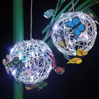 Hanging Solar Lights Outdoor, Round Ball Light with Butterfly, Solar Powered Waterproof Globe Lighting, Hanging Globe Solar Lights for Garden, Yard, Patio, Lawn, Flower Bed