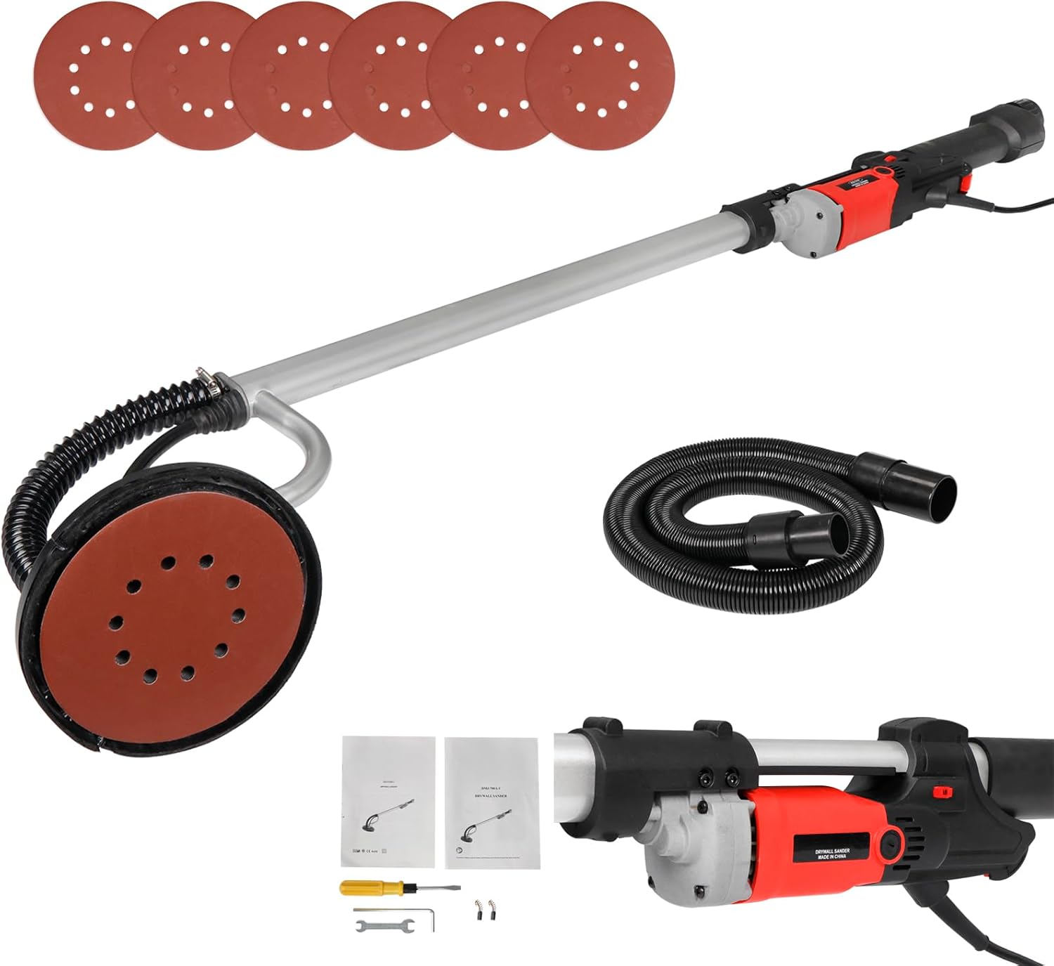 HomGarden Drywall Sander, 800W Electric Sander with Adjustable Speed 1000-2000 RPM, Commercial Wall Sander with Vacuum Port, Includes 6 Sanding Pads & Foldable Handle for Drywall and Plaster