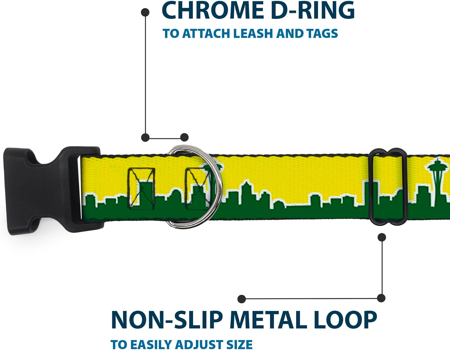 Buckle-Down Plastic Clip Collar - Seattle Skyline Yellow/Emerald Green - 1.5" Wide - Fits 13-18" Neck - Small