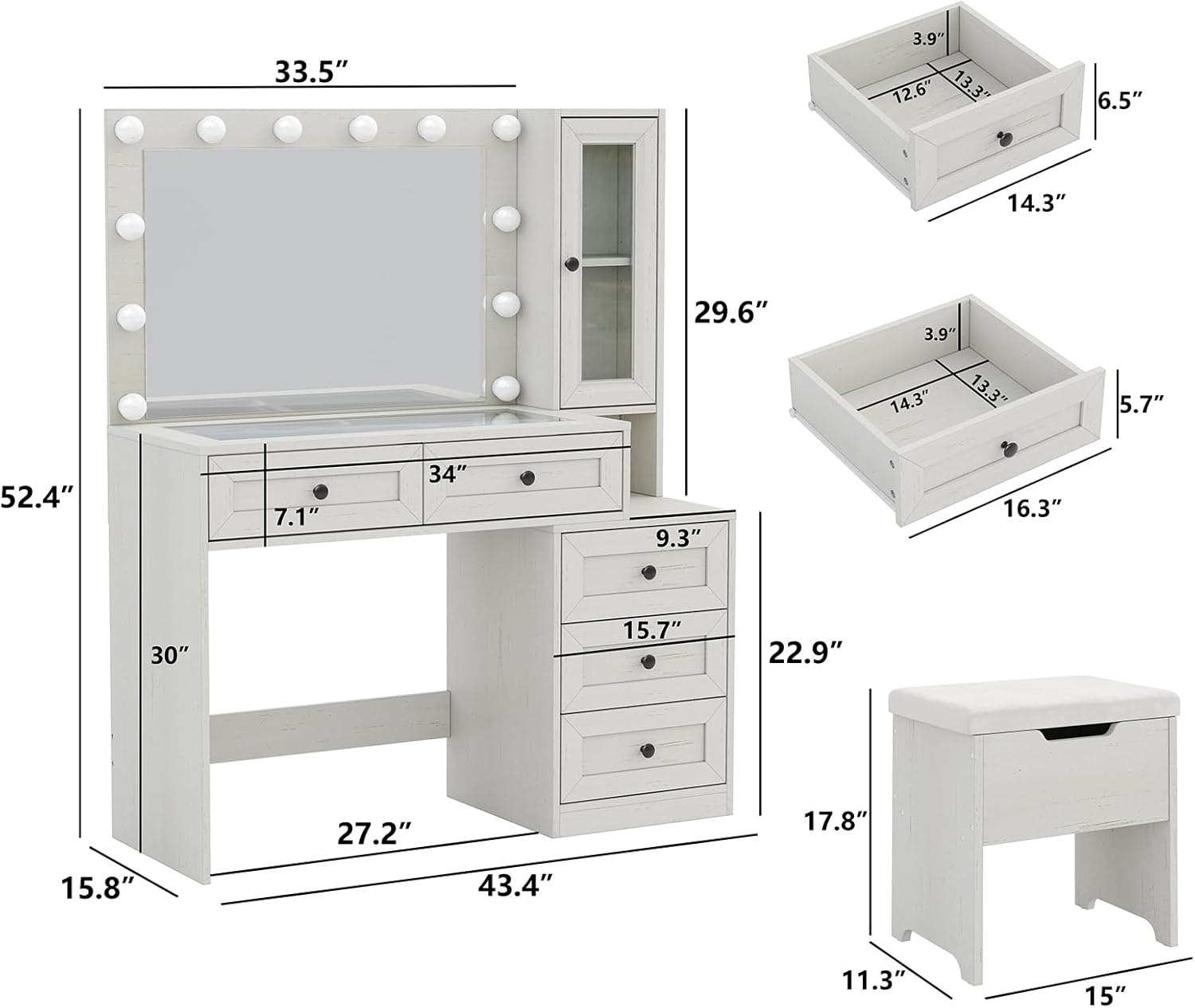 Detailed dimensions of the vanity desk and stool