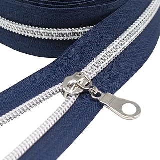 MebuZip #5 Silver Metallic Nylon Coil Zippers by The Yard Bulk Coil Zipper Roll 10 Yards with 25pcs Pulls for DIY Sewing Craft Bags (Navy Blue)