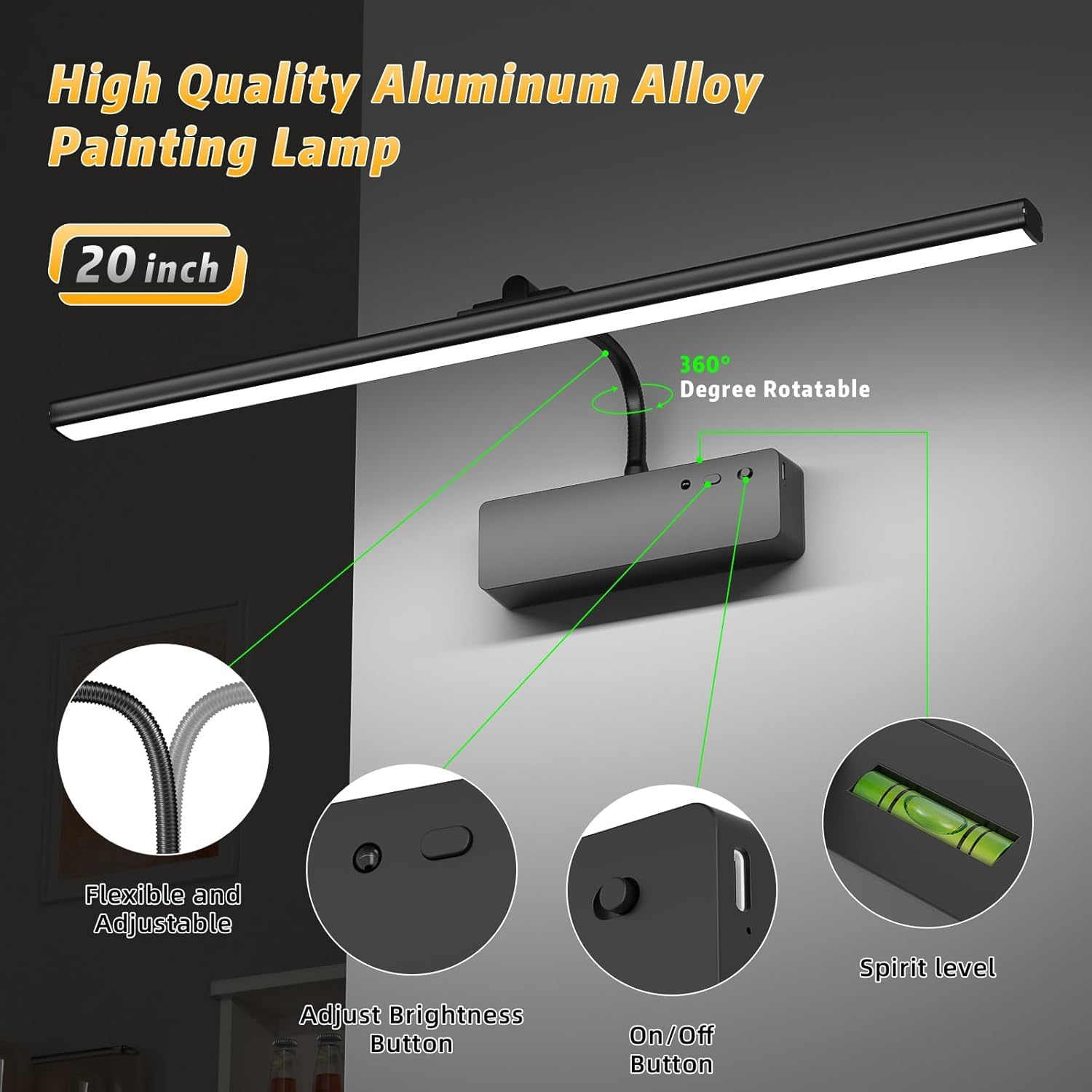 Bilderleuchte mit Fernbedienung Dimmbar und Timer Wandleuchten Kabellose Wiederaufladbare Batterie Wandlampen Akku LED Innen 360° Verstellbare Bilderlampe Wand Lampe 5W für Display Schwarz
