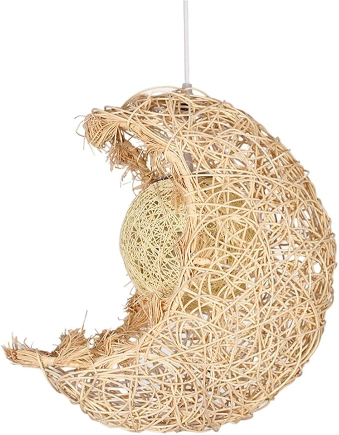 APLIK APLIK Handgemaakte Maanvorm Rotan Kunst Kroonluchter 1 Pak Rieten Rotan Mand Restaurant Hanglamp Hangende Beige Plafondlamp In Retrostijl voor Boerderij, Keuken, Slaapkamer