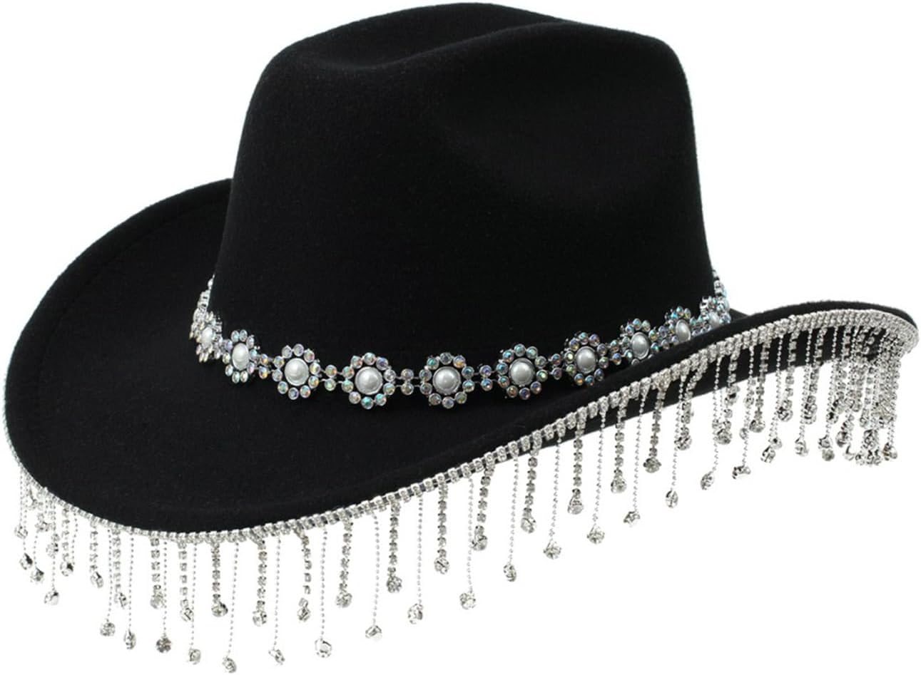 Vacation Cowboy Hats Tassels Hand Beading Crystal Girl Cowgirl Hat For Carnivals Music Festival Crystal Hat