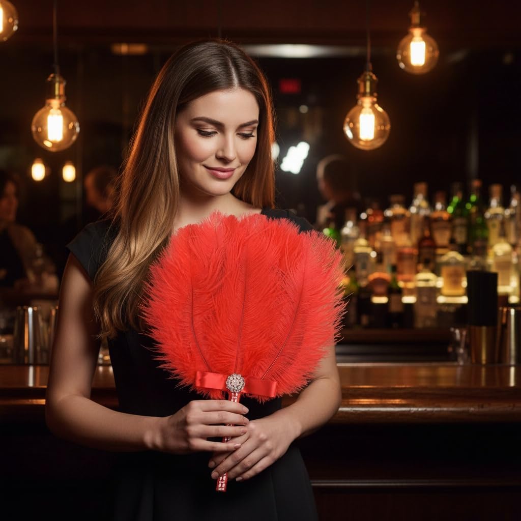 Ostrich Feather Fan for Bridesmaids Hand Fans, a 20s Gatsby Wedding Bouquet and Vintage Bridal Feather Bouquet with Chic Art Deco Style (Red)