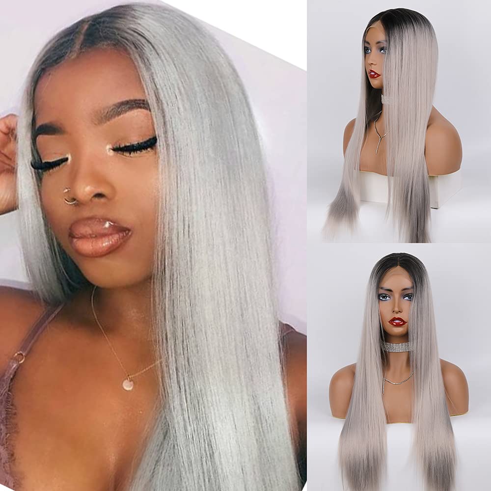 Ombre Grey Silky Straight 13×4 Lace Front Wig Heat Resistant Long Straight Synthetic Hair Wigs with natural hairline For Women 24 Inch