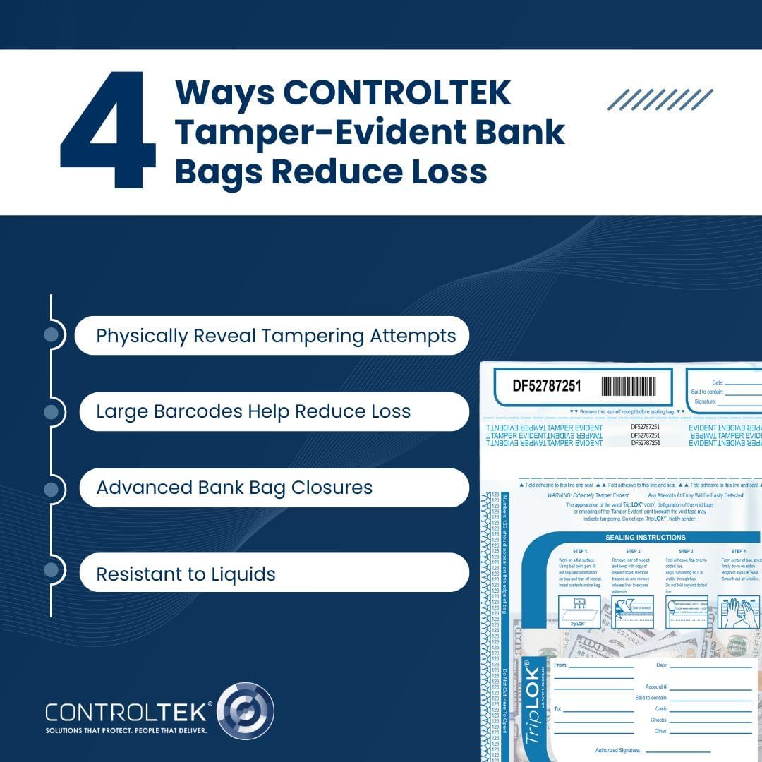ControlTek TripLok 15" x 20", Clear, 50 Bags Tamper-Evident Deposit Bags for Cash Handling & Valuables, Moisture, Heat and Cold Sensitive Ink, Tear-Off Receipt + Large Barcodes 585048 - Image 6