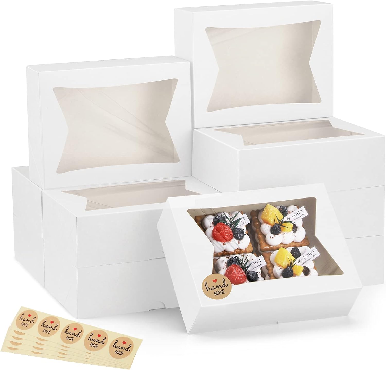 Eupako 8x6x2.5 Cookie Boxes with Window, 24 Pack Auto-Popup Brown Treat Box | Bakery Boxes for Donuts, Candy, Pastry, Cupcakes, Biscuits, Chocolate Strawberries, Muffins