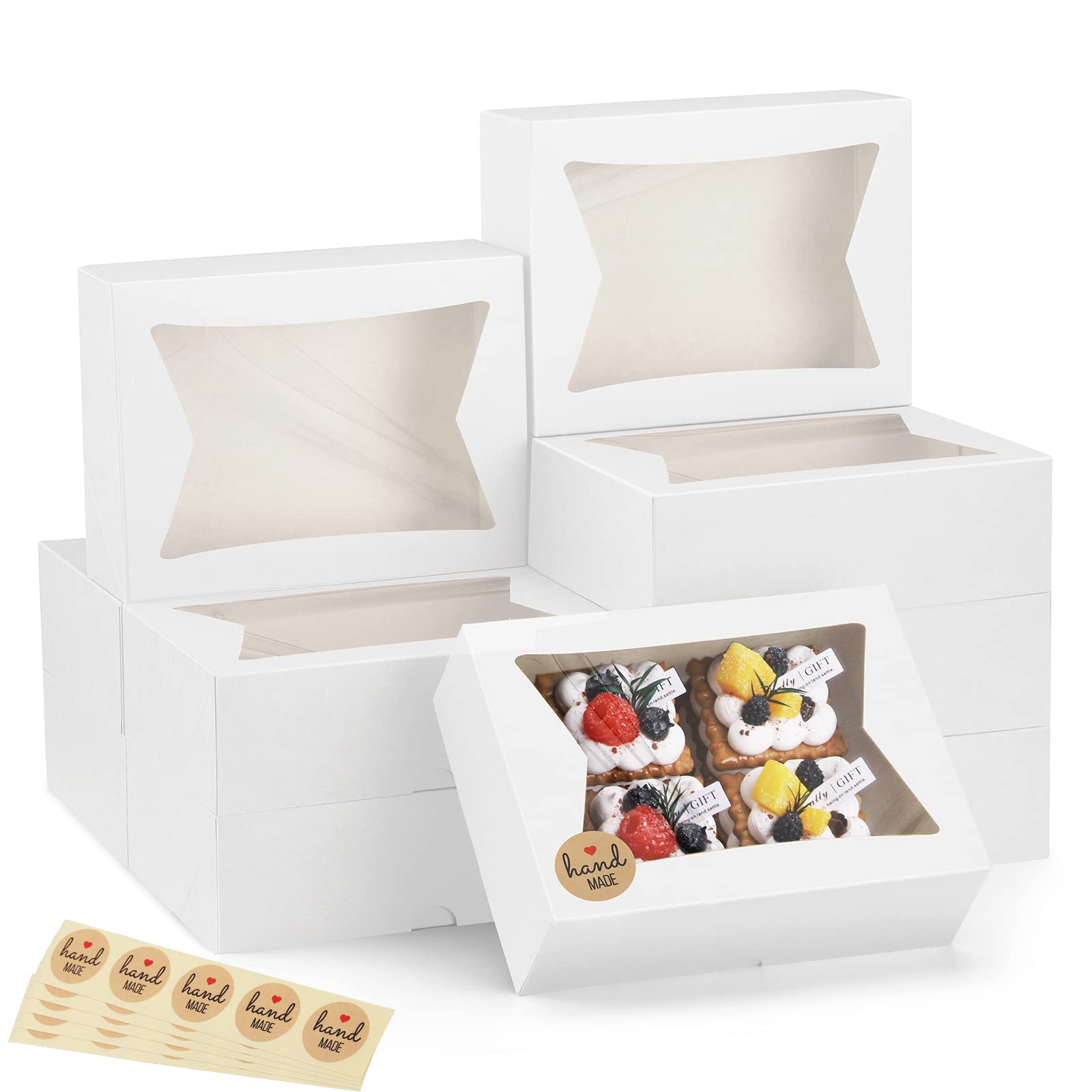 Eupako Cajas de galletas con ventana de 8 x 6 x 2.5 pulgadas, 24 cajas de golosinas blancas automáticas para panadería, donas, dulces, pasteles, cupcakes, galletas, fresas de chocolate