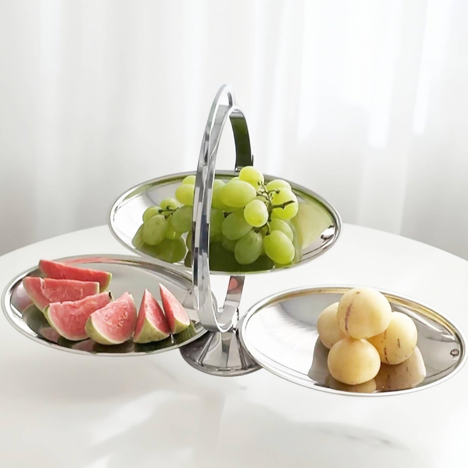 Alzatina Pieghevole a 3 Piani Salvaspazio Vassoio da Portata in Acciaio Acciaio Inossidabile Design Moderno Centrotavola a 3 Vassoi per Buffet, Feste, 45-20-28cm, Espanso