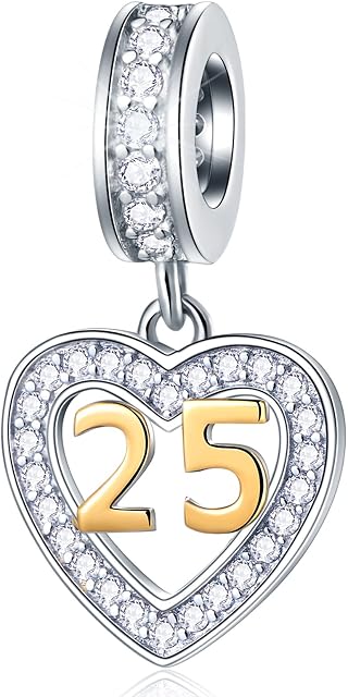 10 13 15 16 17 18 19 20 21 22 25 28 30 35 40 45 50 55 60 65 70 Birthday Charms, fit European Anniversary Bracelet/Necklace, Golden Number 925 Sterling Silver Heart Pendant with CZ, for Women/Men
