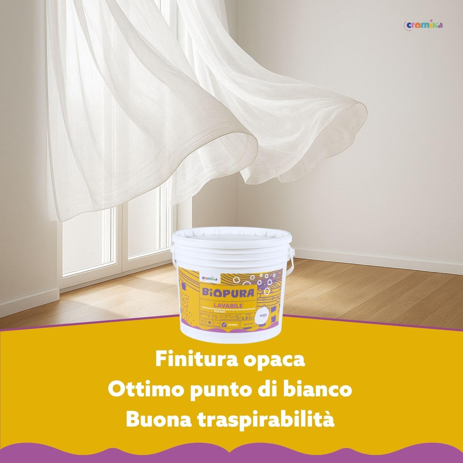CROMIKA BIOPURA Pittura Lavabile Traspirante per Interni, Alta Copertura Rullo Pennello Spruzzo Finitura Opaca Made in Italy (Bianco, Litri 10)