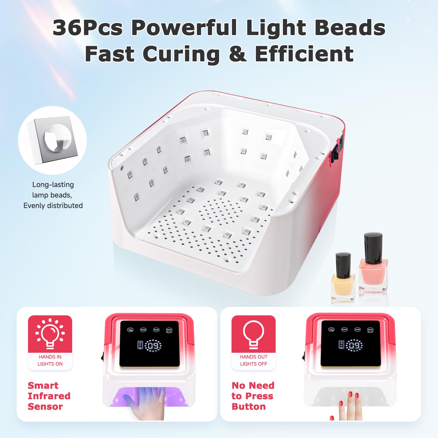 Lámpara de uñas LED UV inalámbrica, luz de uñas recargable de 108 W con 36 cuentas, lámpara de uñas de gel con pantalla táctil grande integrada para un fácil uso, luz UV de uñas con sensor automático