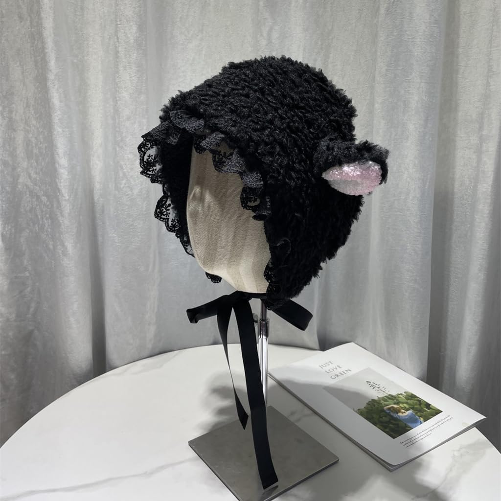 Soft Lamb Ears Hat Autumn And Winter Cosplayed Hat Winter Picture Props Warm Earflap Ear-Protection (black, M)