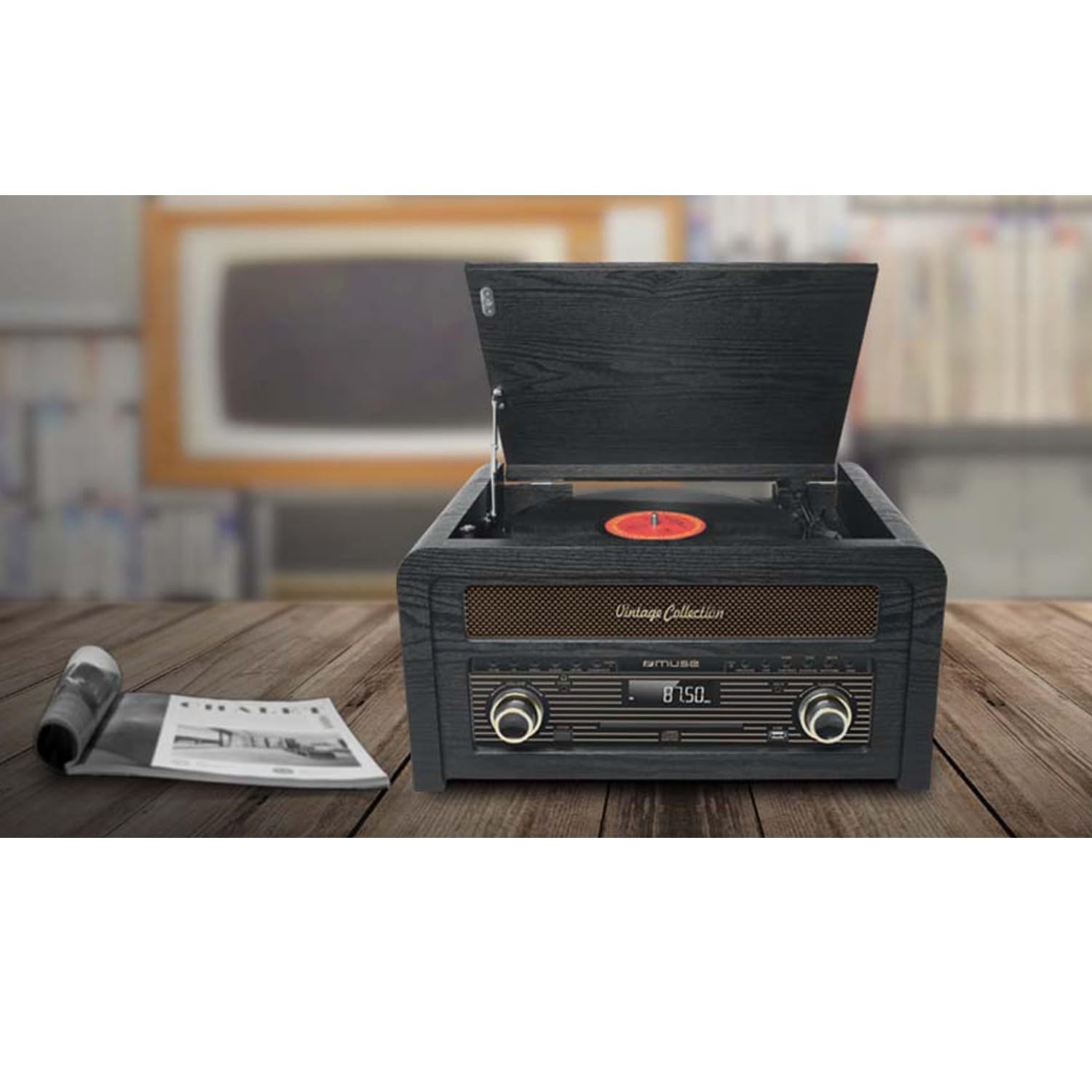 Bmi Platine Vinyle Muse MT-115W, Micro-Chaîne Radio FM avec 30 Stations préréglées, Stéréo 33/45/78 Tours, CD, Puissance 20W