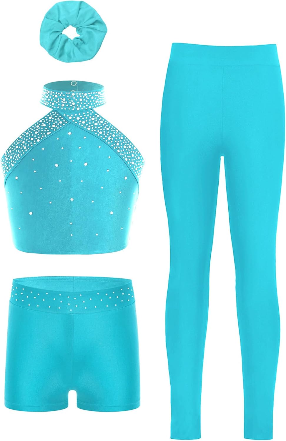 4 Piece Dance Outfits Kids Girls Sleeveless Crop Tank Top and Short with Leggings Hairband Figure Skating