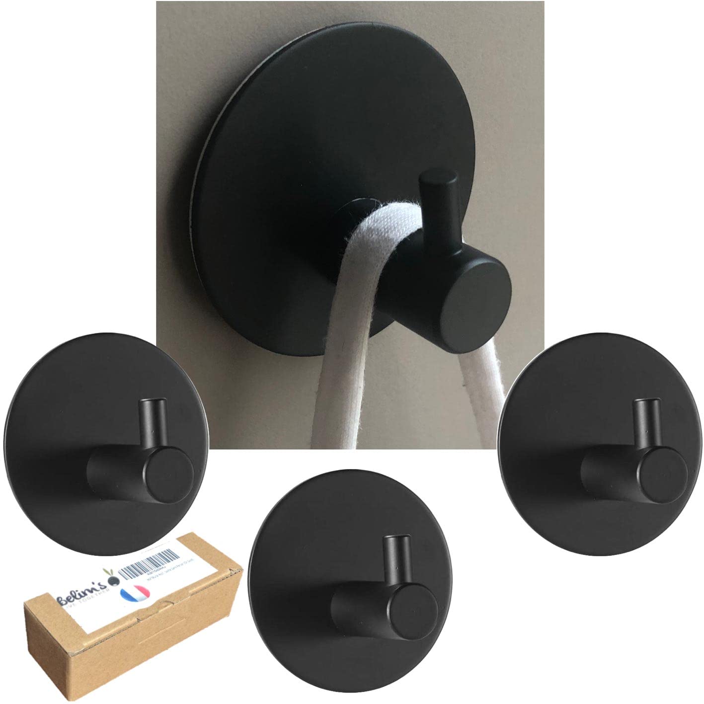 Belim's Adhesive Hook – Bathroom Towel Holder – Adhesive Towel Hook SDB Toilet Hook – Self Adhesive Kitchen Towel Holder – No Drilling Required (Black)
