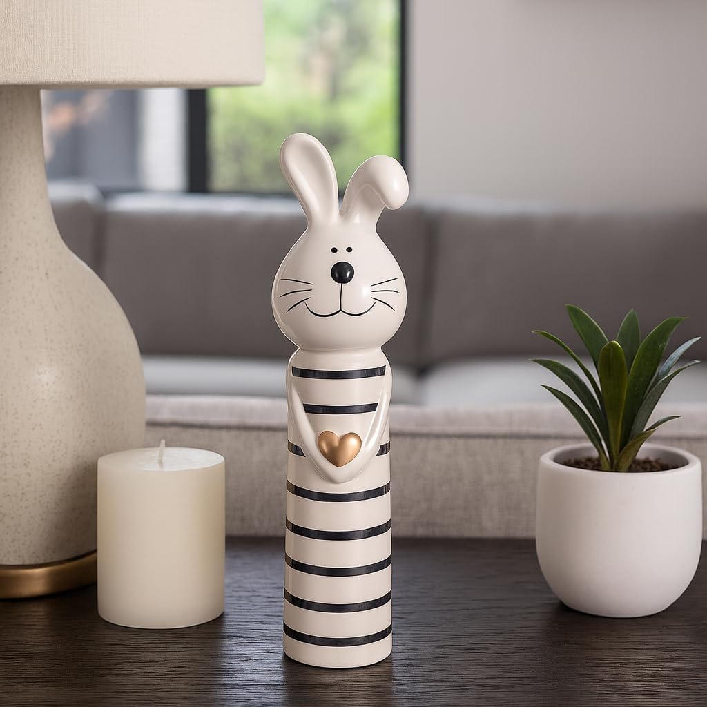 Decorative Ceramic Bunny with Heart Figurine for Home Decor - Animal Sculpture for Bathroom, Office, Room and Living Room Accent - Ornaments for Shelf or Coffee Table Display - 10", White & Black