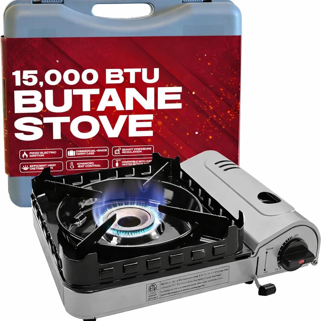 Portable Butane Camp Stove 15,000 BTU, Double Wind Guard Burner with Piezo Click Ignition for Camping, Hiking, Tailgating & Emergency Cooking – 90019