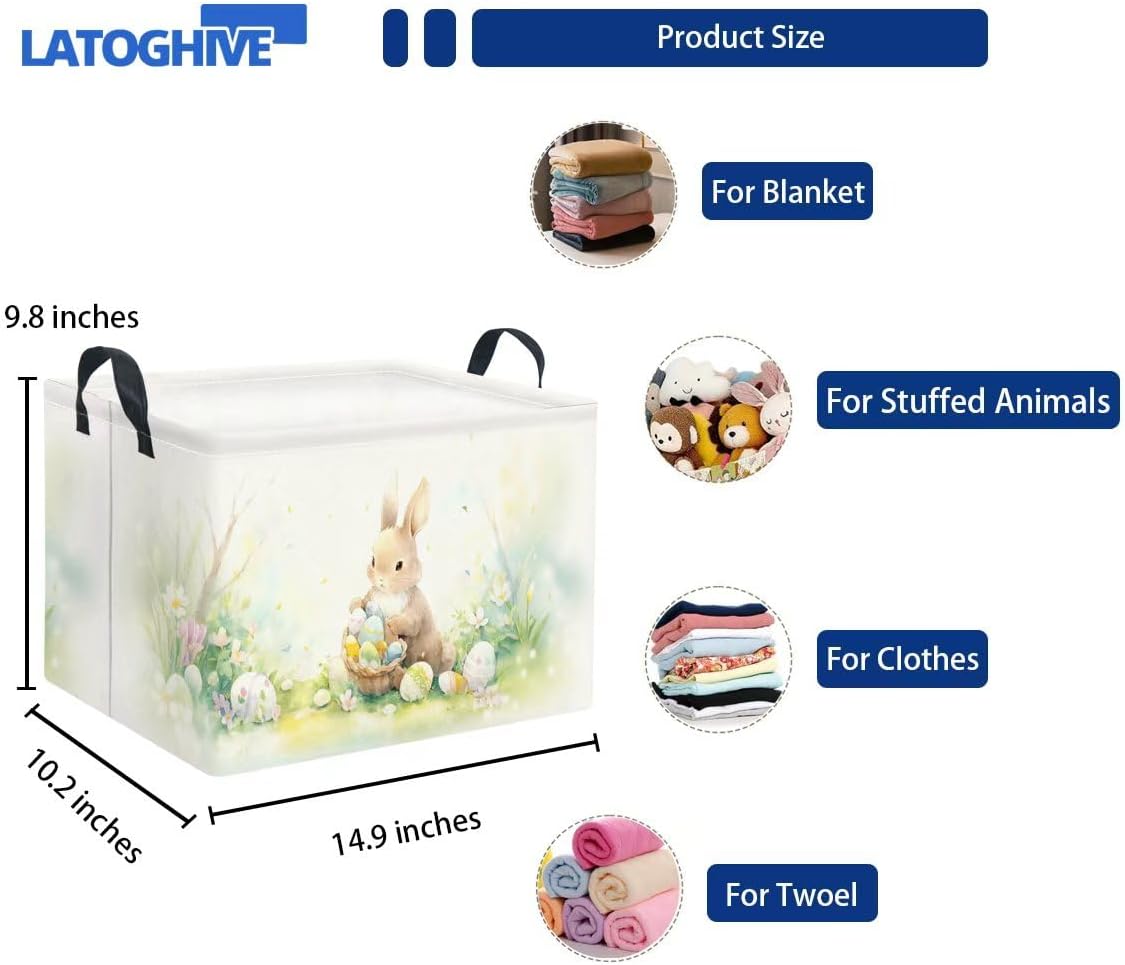 Rectangular Easter Basket Waterproof Storage Bin for Bedroom Collapsible Bin Books Box Basket Room Decor(Bunny Egg) image 2