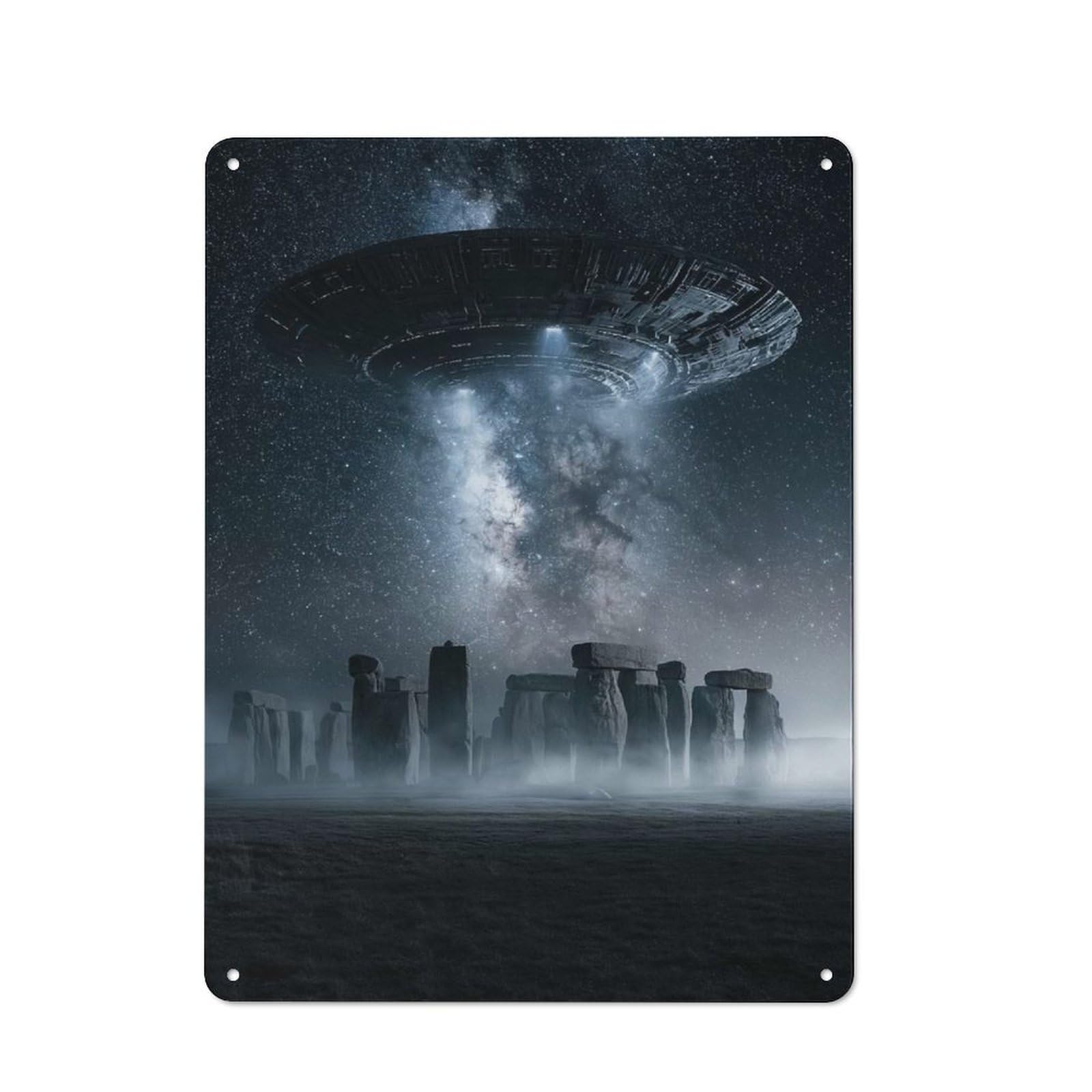 Tin Wall Plaque 40x30cm with UFO Over Stonehenge for Workshop Wall, Housewarming Wall Decor for People Furnishing Workshop