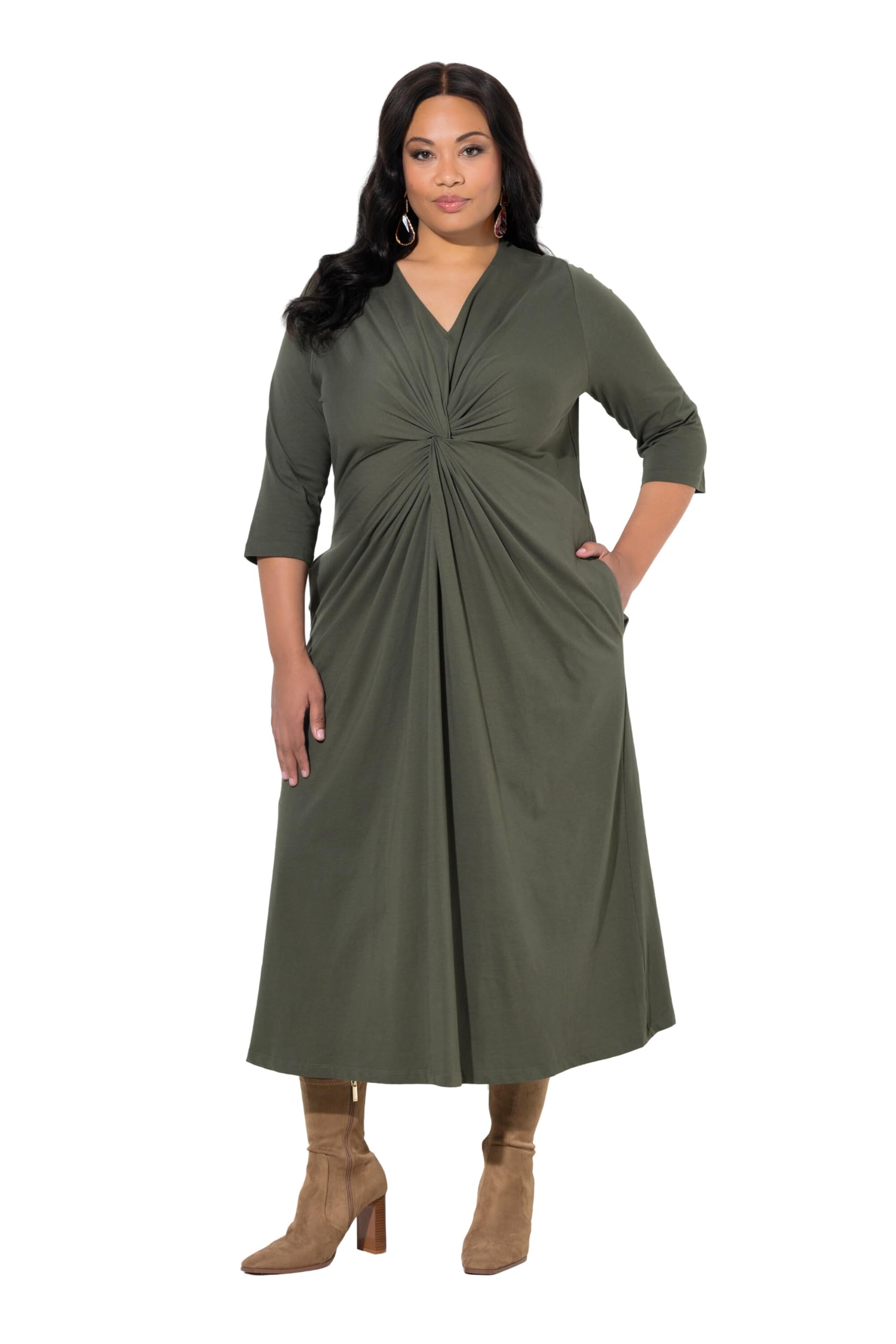Ulla Popken Damen große Größen Übergrößen Plus Size Maxikleid, drapiert, A-Linie, V-Ausschnitt, 3/4-Arm 847730