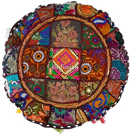 iinfinize Indian Home Decor Bohemian Seating Pouf Meditation Vintage Hand Embroidered Cotton Handmade Patchwork Round Sofa Cushion Cover 16 inch Floor Pillow Cover (Brown)