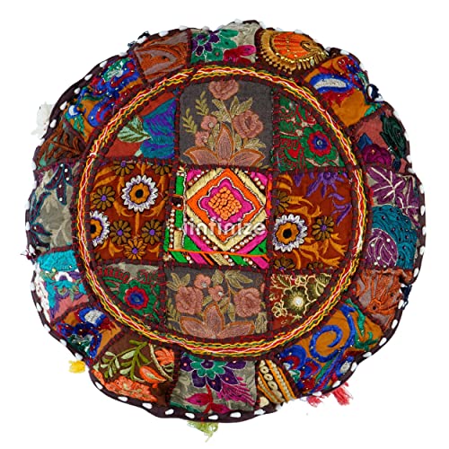 Iinfinize Indian Home Decor Bohemian Seating Pouf Meditation Vintage Hand Embroidered Cotton Handmade Patchwork Round Sofa Cushion Cover 16 Inch Floor Pillow Cover (Brown) #TOP27