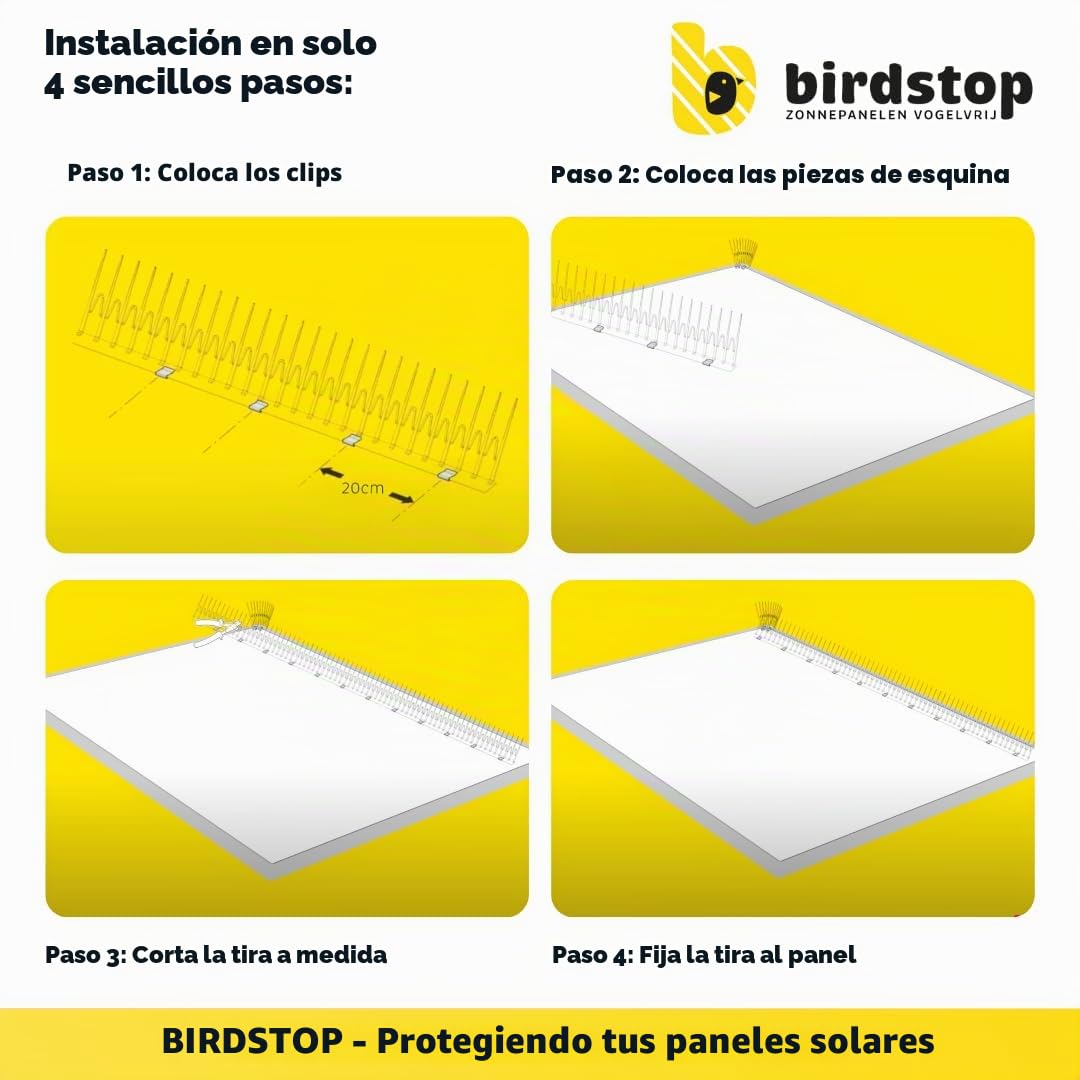 Set de protección solar Birdstop XL, sistema de energía fotovoltaica para repeler palomas - Protección solar contra aves y palomas - 30 metros, 18 cm de altura, 4 piezas de esquina y fijación