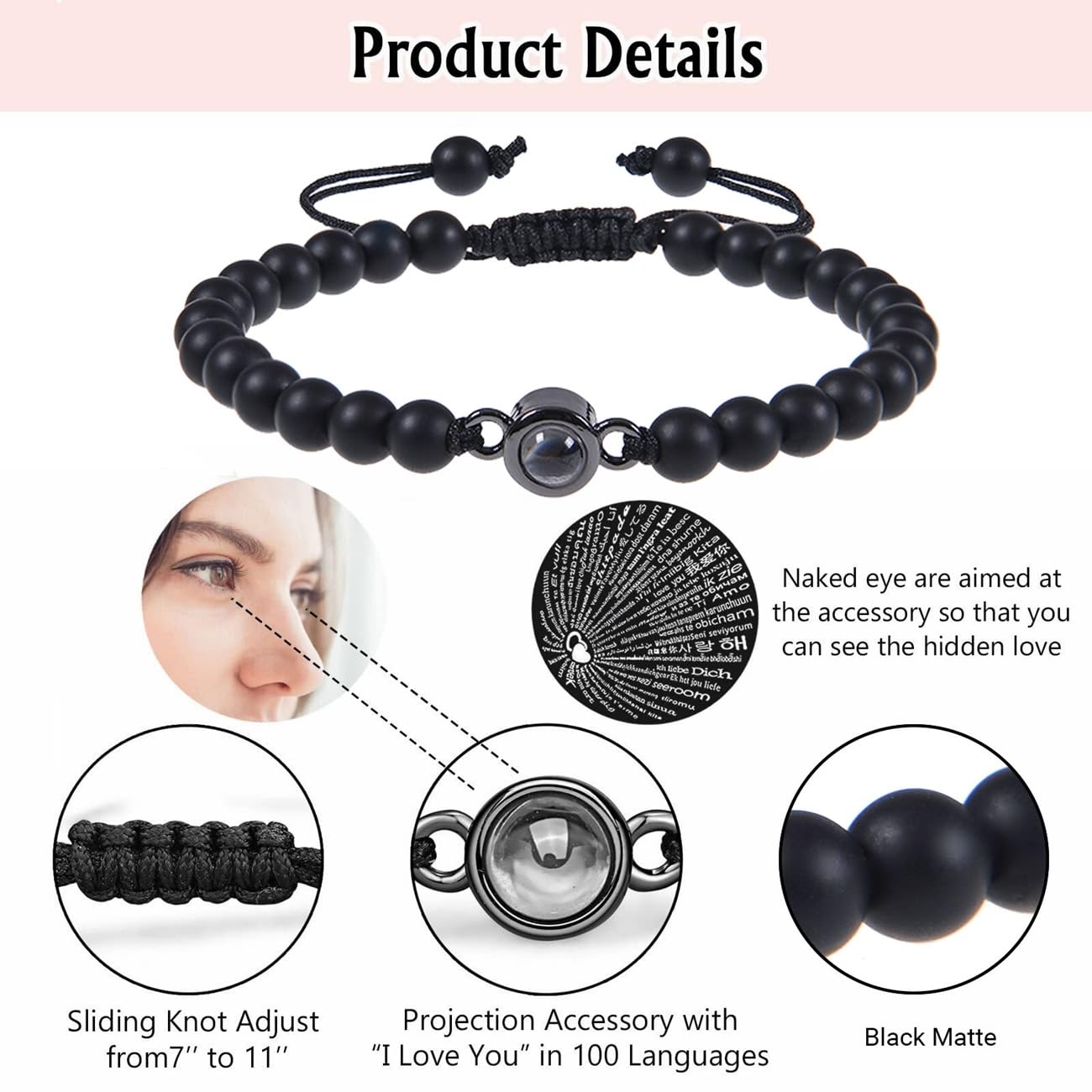 Schmuck Zestaw 2 bransoletek 6 mm Kamień naturalny Kocham Cię 100 języków dla niego i dla niej, Bransoletka surferska dla par, Świetny pomysł na prezent – ​​20 cm